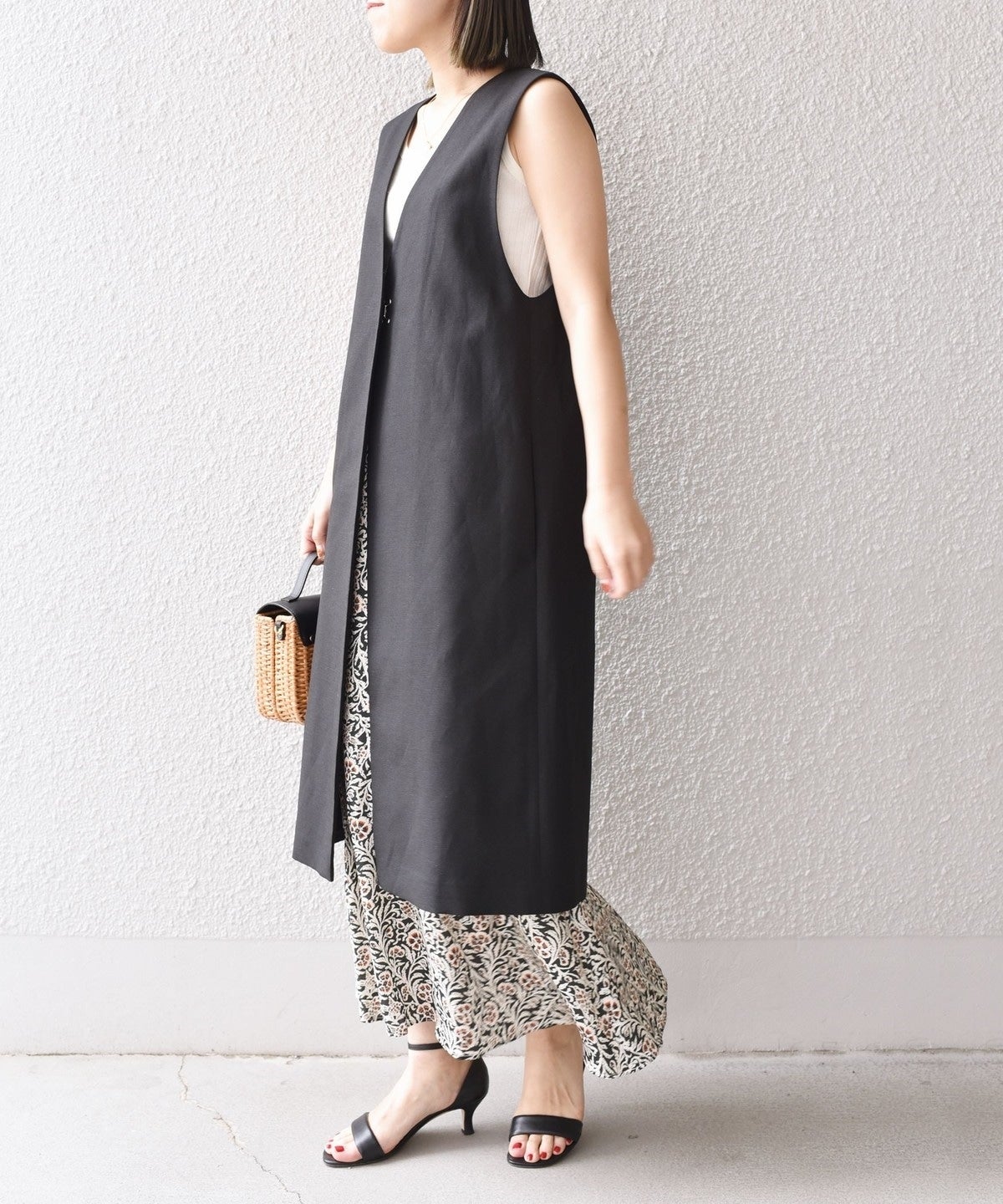 〈手洗い可能〉ミックスリネンロングジレ