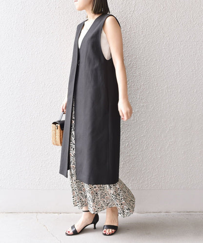 〈手洗い可能〉ミックスリネンロングジレ