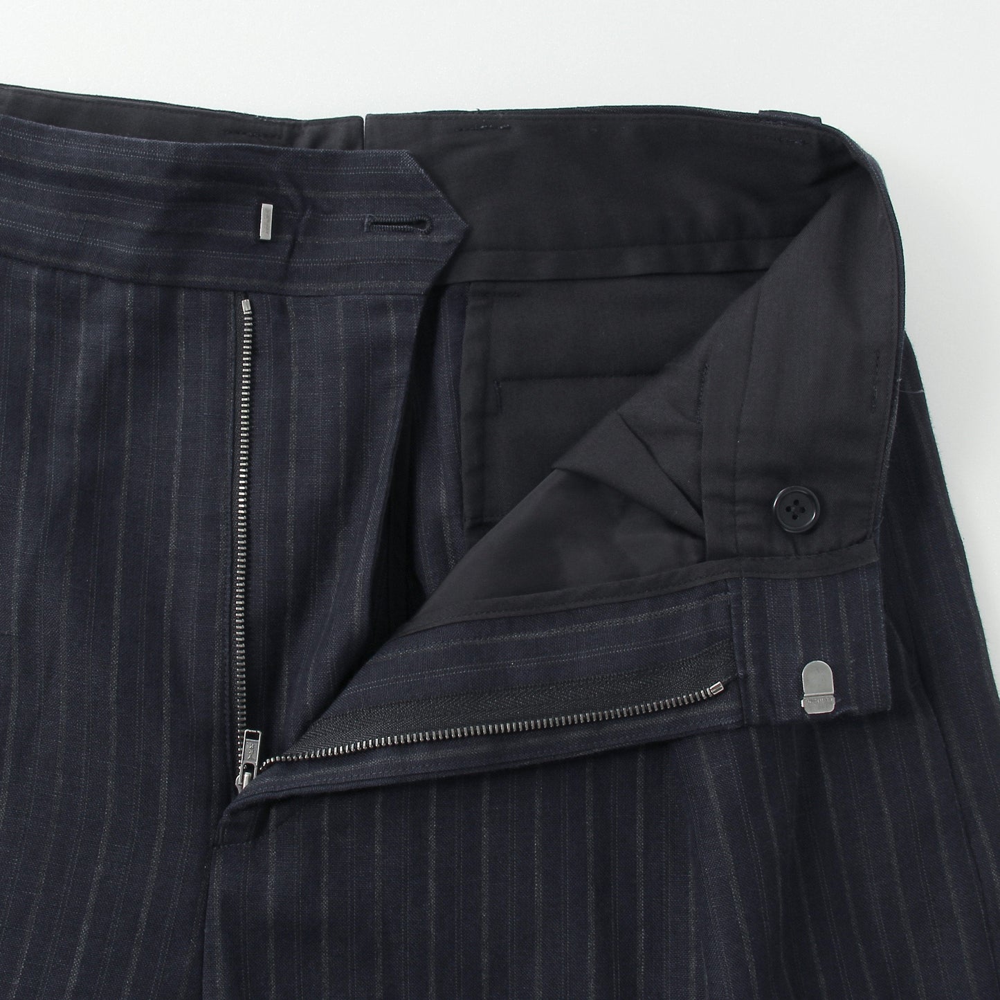 CHALK STRIPE LINEN WOOL TROUSERS